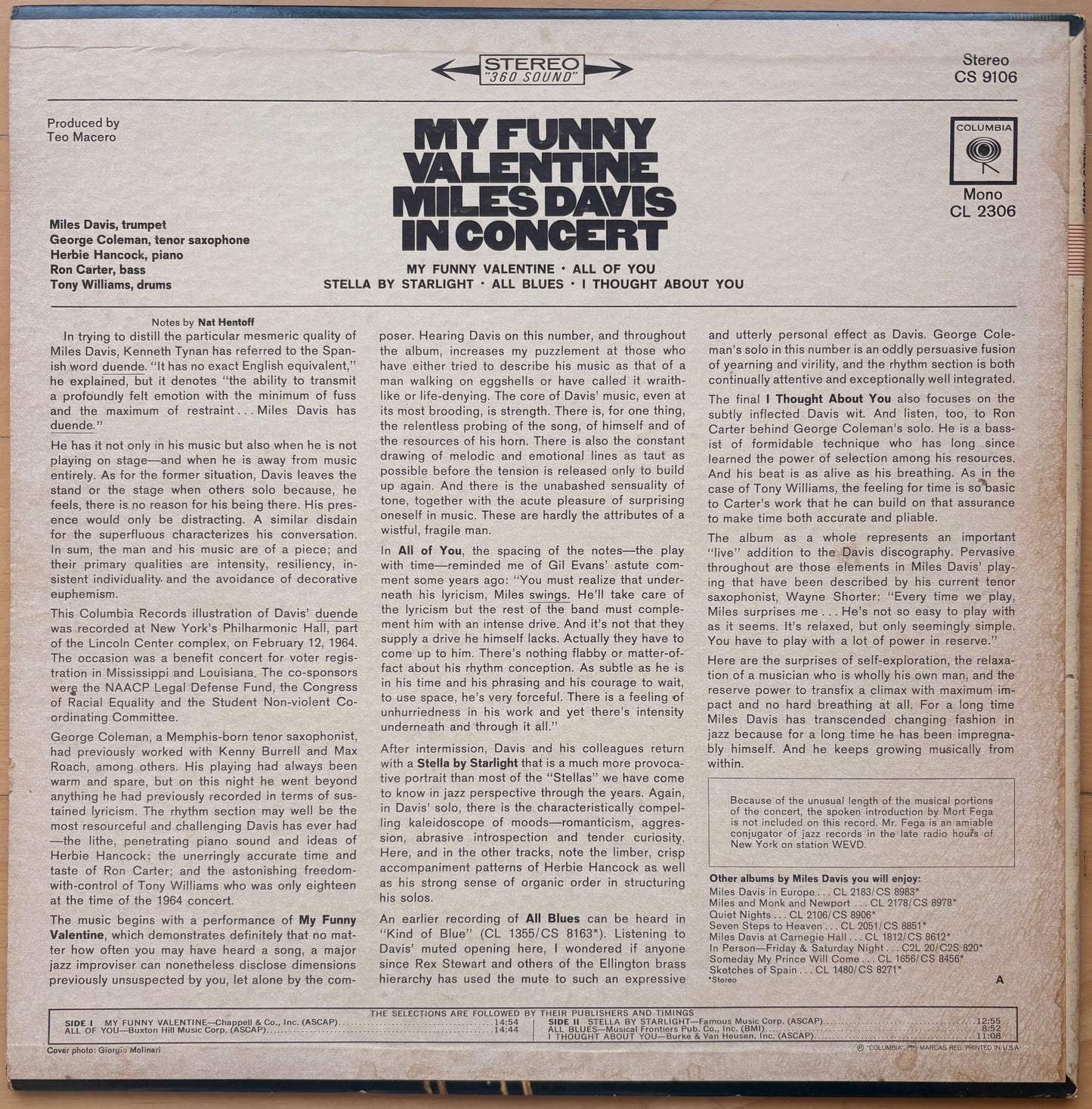 MILES DAVIS - "My Funny Valentine Miles Davis In Concert" US Columbia 2 Eyes ORIG - BAGGY SEALED