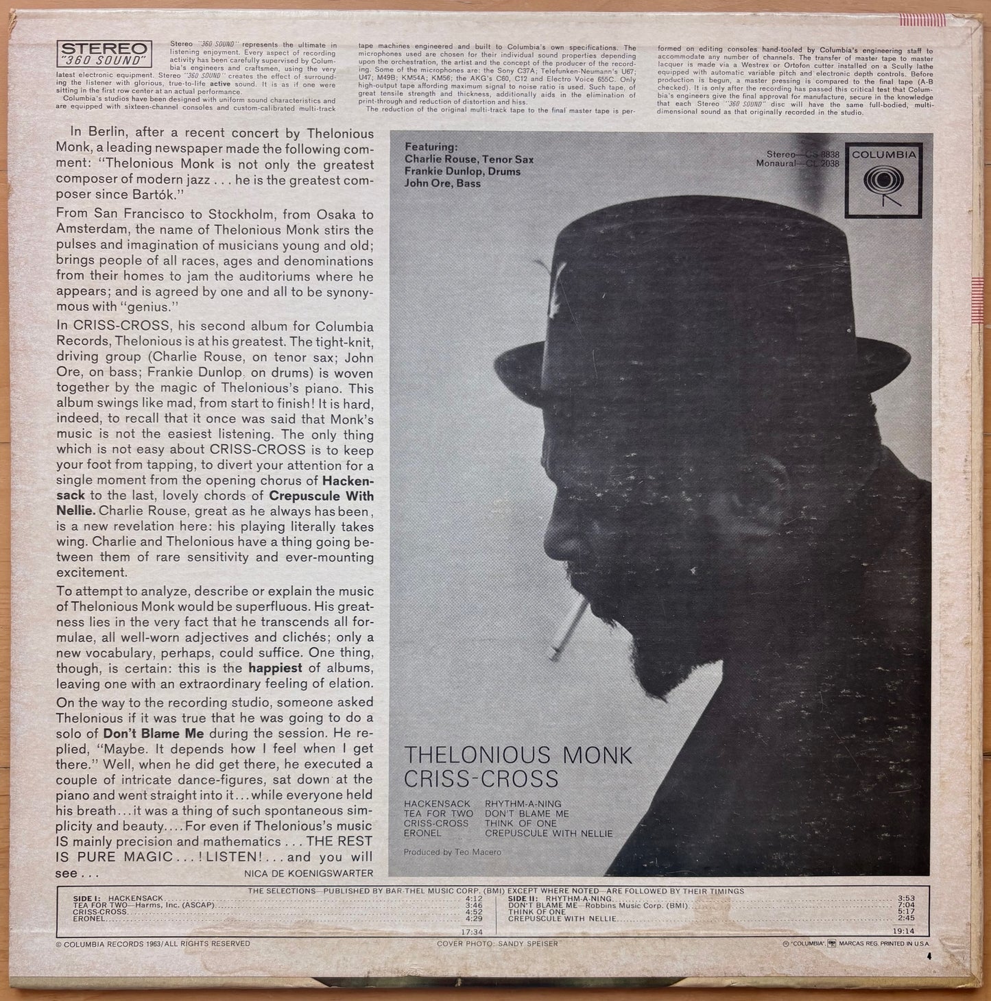 THELONIOUS MONK - "Criss-Cross" US Columbia 2 Eyes Stereo 1963 Orig. BAGGY SEALED