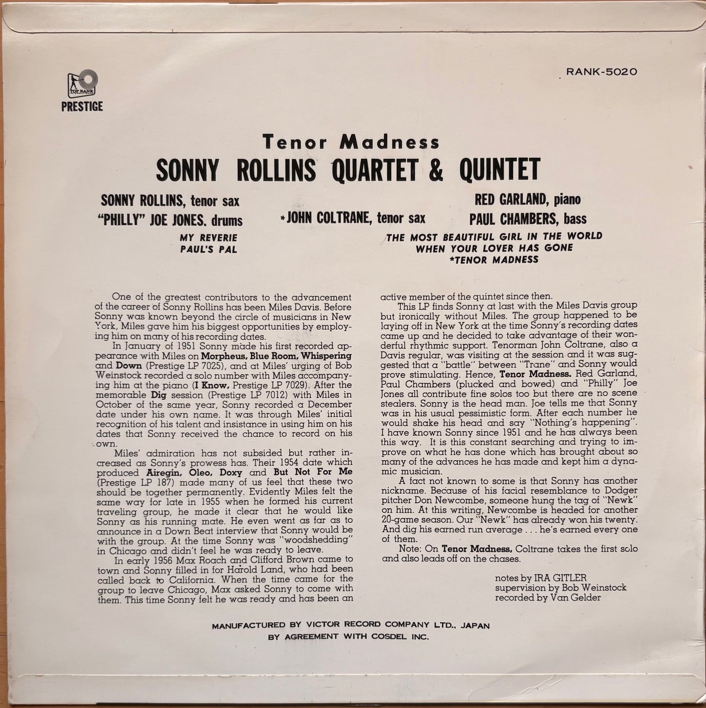 SONNY ROLLINS "Tenor Madness" Japan 1959 First original press Near Mint